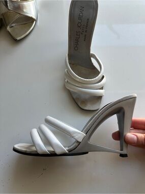Charles Jourdan White Strappy Open-Side Mule Heels